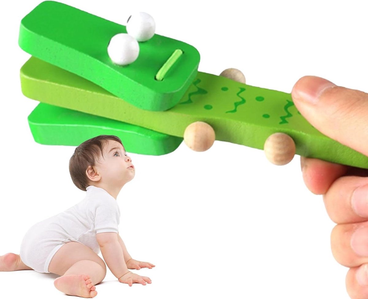 Houten Kastanetten - Muziek Speelgoed - Ritme Ontwikkelen - Leuk Krokodil Design - 125 x 37 x 3 cm - Groen