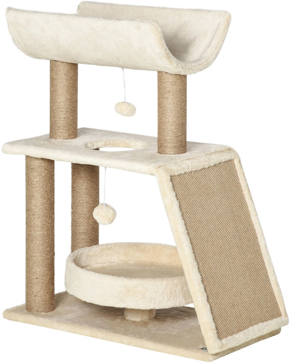 Emvae Krabpaal - Krabpaal voor katten - Kattenspeelgoed - Kattenmand - Krabmatten - Speelballen - Sisal & Pluche - 60 x 30 x 76 cm - Creme