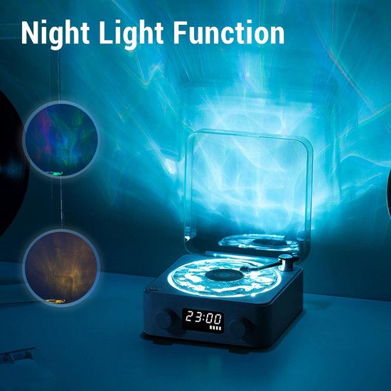 Retro Bluetooth-speaker, draagbare Bluetooth-speakers, stereospeaker met waterrimpeleffect-verlichting en tijdweergave, retro platenspeler-stijl Bluetooth-speaker voor slaapkamer en studio (hoogglans zwart) — afbeelding 3