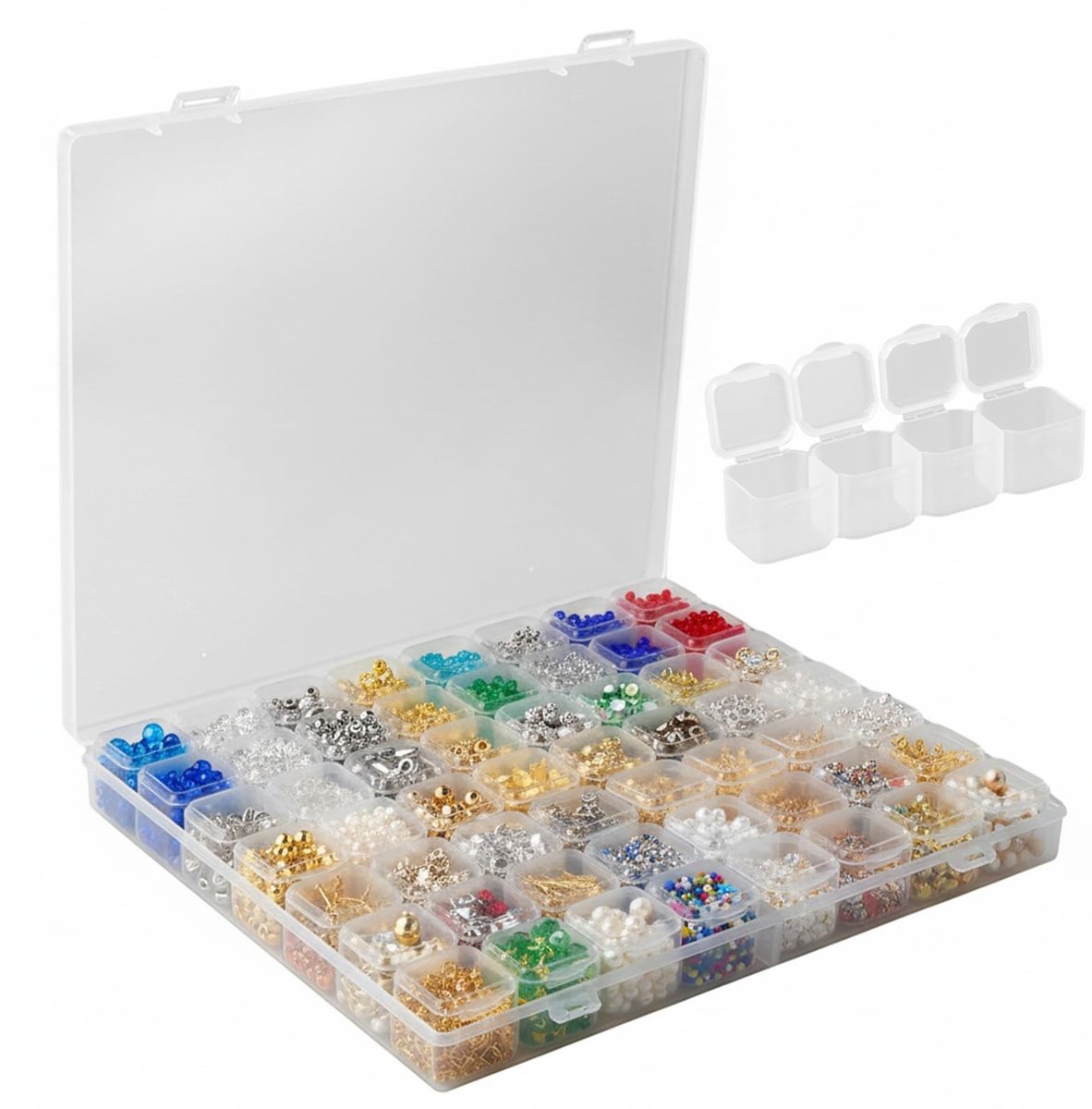Dailygoods- Opbergdoos Transparant - 28 Vakken - Kunststof - Organizer voor Kralen/Sieraden - Set van 2 - Afmetingen 21 x 17,5 x 3 cm - Sorteerdoos