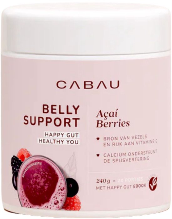 Cabau Belly Support Acai Berries pot met bessenillustratie en tekst.