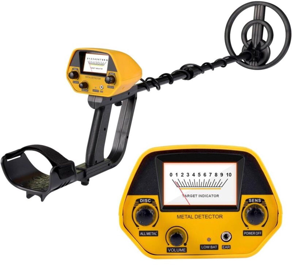 Zeer nauwkeurige metaaldetector met twee standen – waterdichte zoekspoel – in hoogte verstelbaar (78-108 cm) – LCD-display – geschikt voor vochtige omgevingen