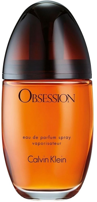 Calvin Klein Obsession eau de parfum spray. Oranje parfumfles met bruine dop.