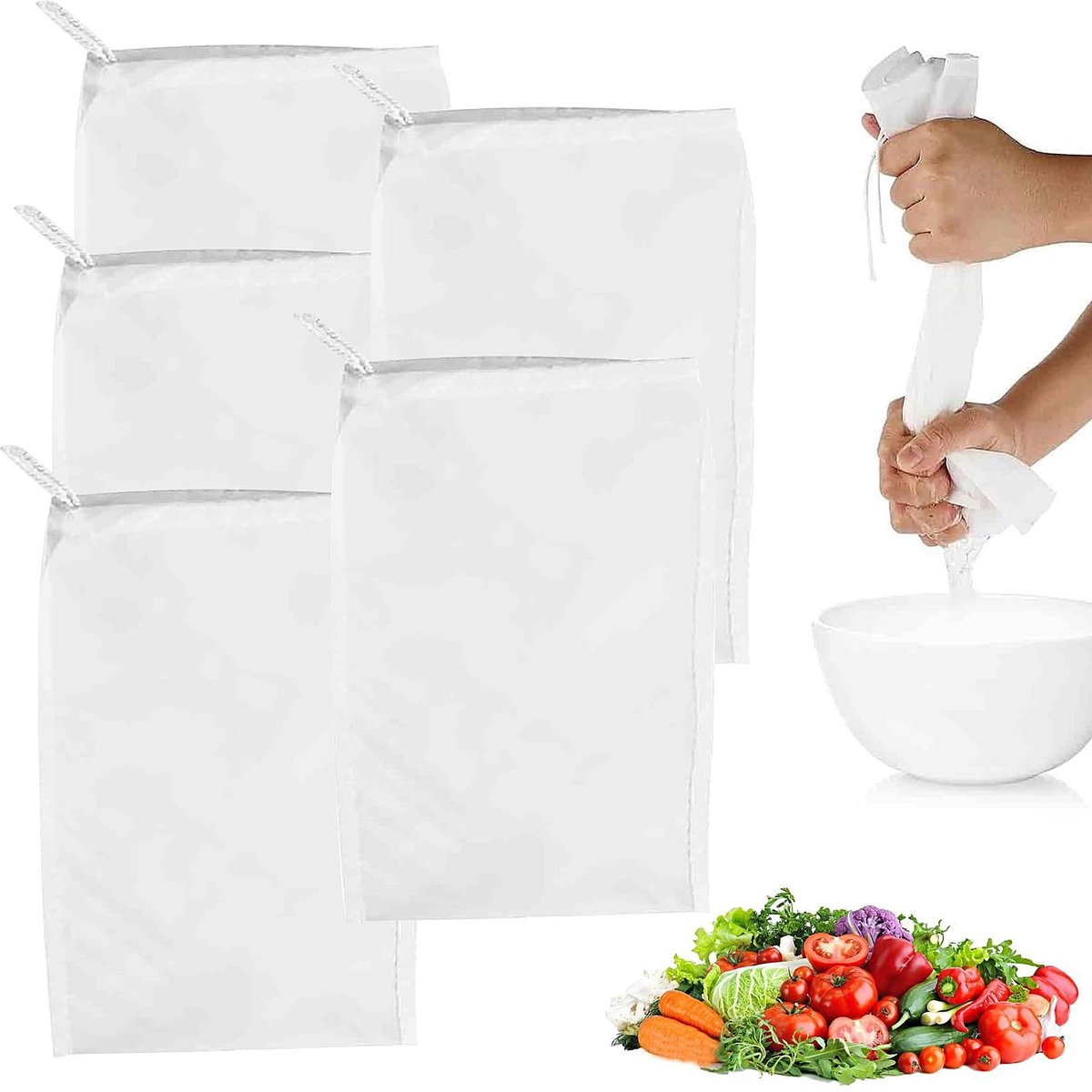 Dailygoods- Kaasdoeken 5 Stuks - Nylon Filterzakken 20x30cm - Persen van Notenmelk - Geschikt voor Thuisbrouwen - Ideaal voor Sap en Bouillon - Met Trekkoord voor Gemakkelijk Gebruik