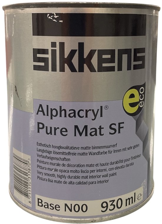 Blik Sikkens Alphacryl Pure Mat SF verf, Base N00, 930 ml. Met logo 'e eco'.