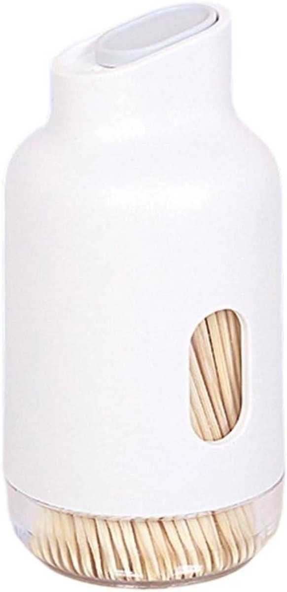 Tandenstoker Dispenser - Houder - Hygiënisch Gebruik - Stofdicht Schuifdeksel - 300 Houten Prikkers - Wit