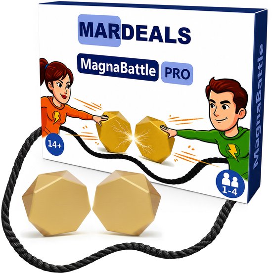 MagnaBattle PRO spelverpakking met cartoonfiguren, magneten, touw en leeftijdsindicatie 14+