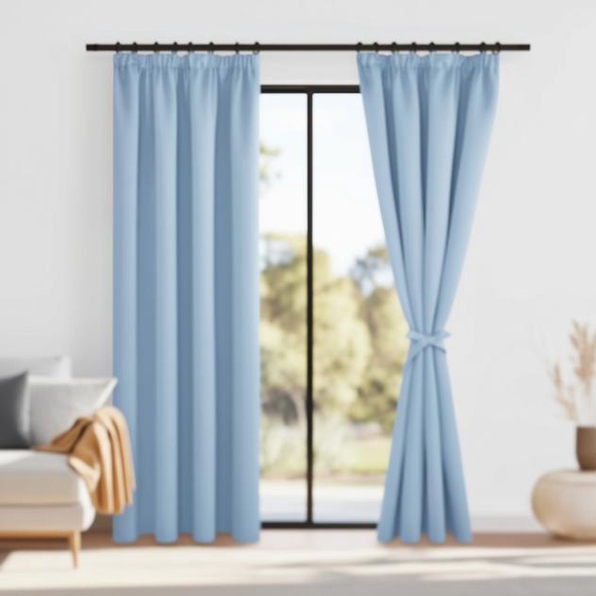 Maison Elara Verduisterende gordijnen met plooiband, set van 2, 140x200 cm, thermogordijn met stropdassen, lichtblauw