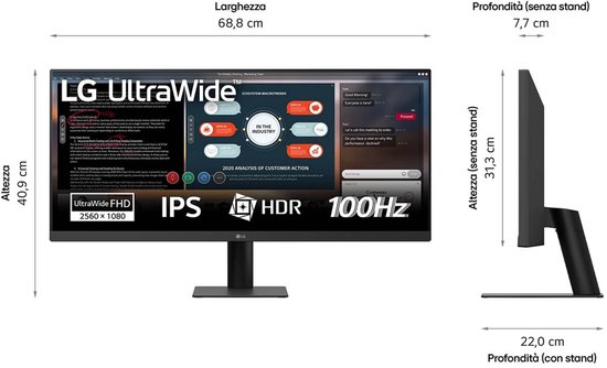 Voor- en zijaanzicht van de LG UltraWide monitor met aangegeven afmetingen in cm.
