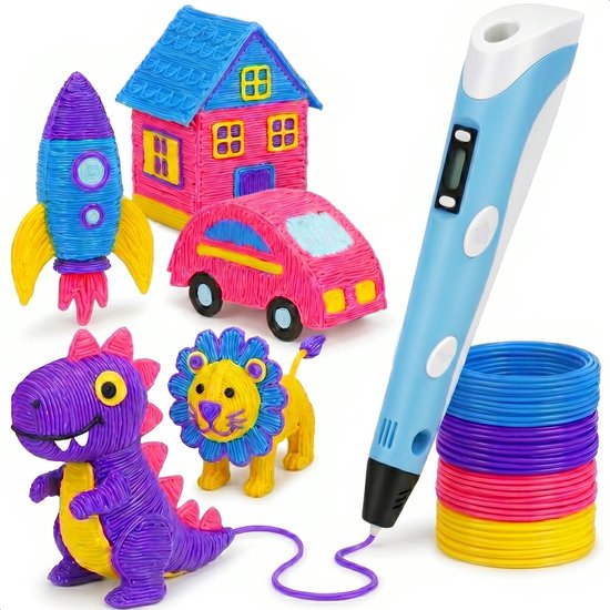 Stylo 3D bleu avec une pile de filament coloré. À côté d'une fusée, d'une voiture, d'un dinosaure et d'un lion.