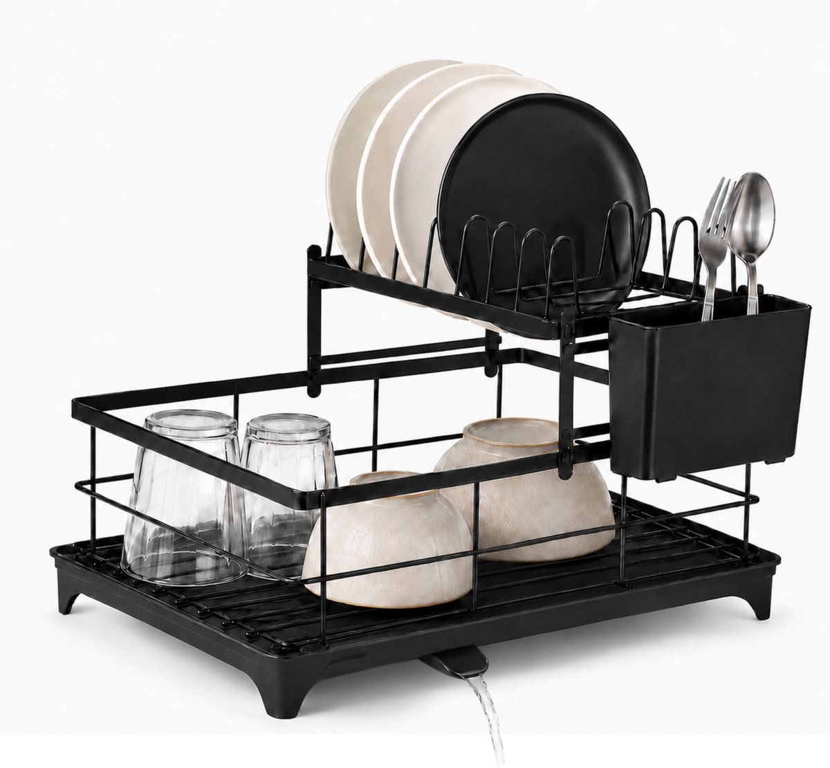 Caryota Afdruiprek - Afwasrek met Lekbak - Roestvrij - Vaatwasrek - Verstelbare Afvoer - Keuken Accessoires - 40 x 28 x 29.5 cm - Extra Ruim