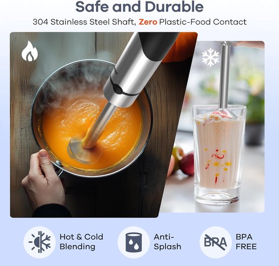 Ganiza Hand Blender, 5-and-1 Puree Bar 1200 W Strong Power with Speed Control and Turbo Knob, Hand Blender with Double Milk Frother, for Preparing Sauce, Soups, Milkshake — afbeelding 3