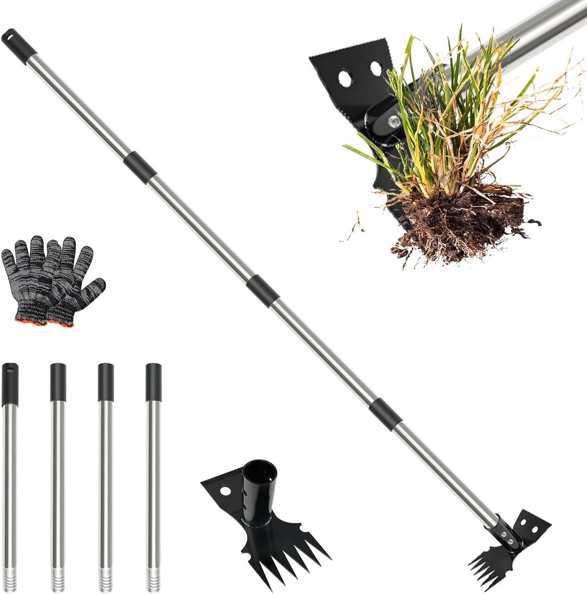Onkruidtrekker met steel - Tuinhark wiedhark - Onkruid verwijderen - 2-in-1 ontwerp - Verstelbaar 146 cm - Zwart zilver