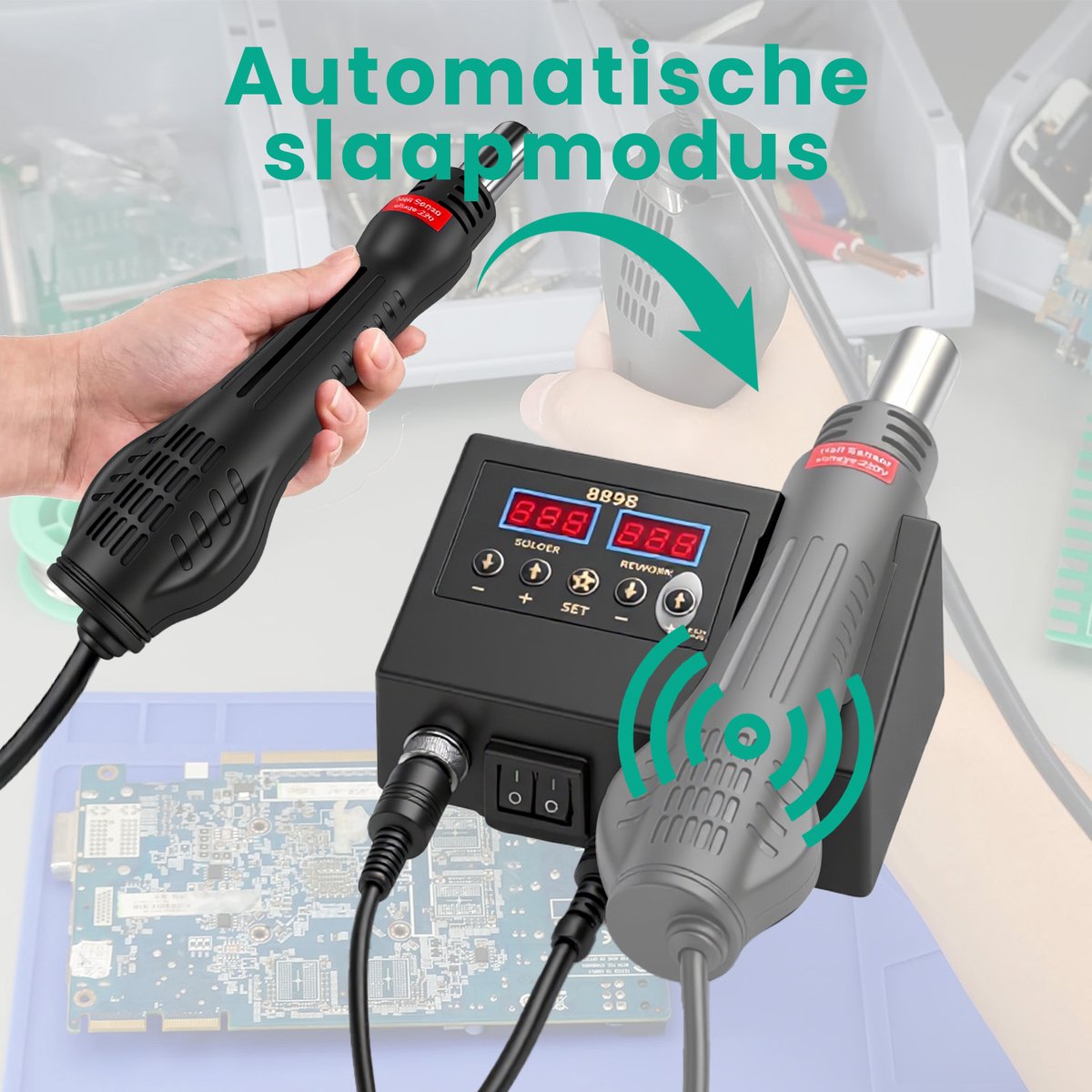 Hete Lucht Rework Station / Soldeerstation / 2-in-1 Desoldeerstation – 3 opzetstukken + standaard – Voor mobiele reparatie, elektronica, SMD, krimpkous, PCB – Professioneel hete luchtpistool + soldeerbout – Handleiding, EU-stekker, papieren doos – foto 2