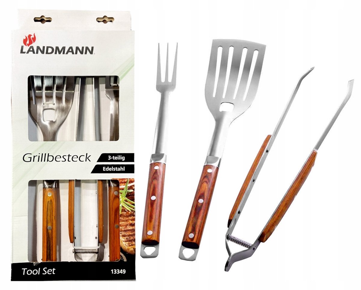 Landmann 13349 Grillbestek Set: Tang, Spatel, Vork - RVS & Hout