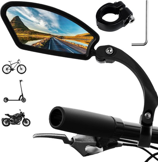Rétroviseur de vélo noir avec une image de paysage dans le miroir, monté sur un guidon de vélo avec des outils.