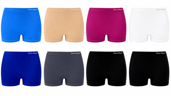 Acht naadloze Sweet Angel boxershorts voor dames in diverse kleuren zoals blauw, beige, roze, wit, grijs en zwart.