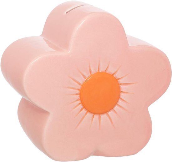 Tirelire rose en forme de fleur avec un cœur orange et des rayons.