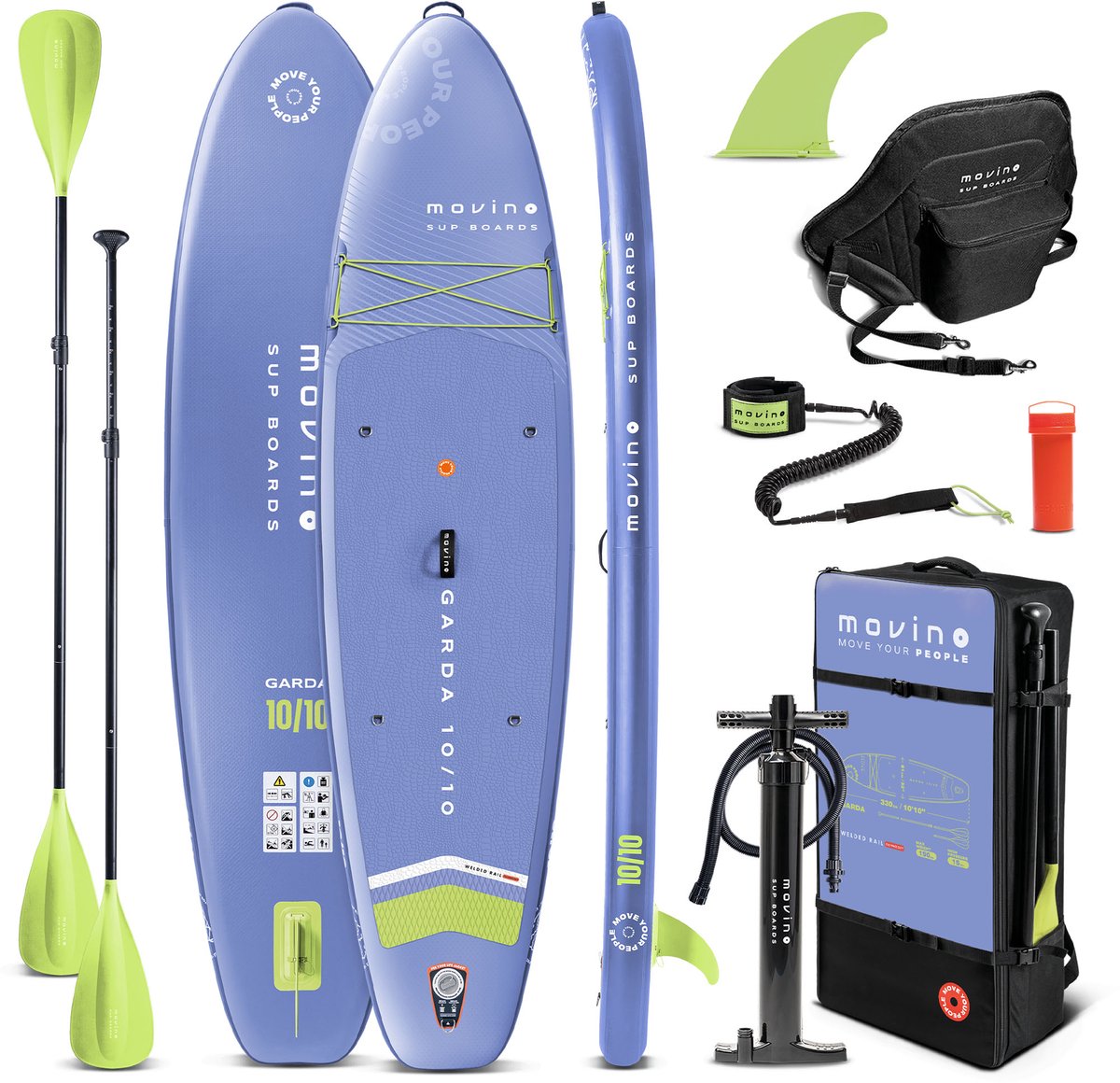 Movino Garda - Sup Board - 10’10” (330cm) - Opblaasbaar - Max. 160 kg - Rugzak - Dubbele pomp - Leash, Vin - 2-in-1 peddel - Kajakstoel - Reparatieset