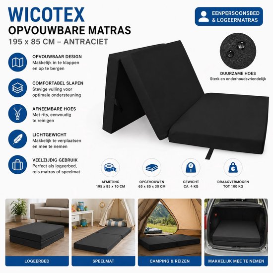 Wicotex opvouwbare matras – 195x85cm – zwart – afneembare hoes