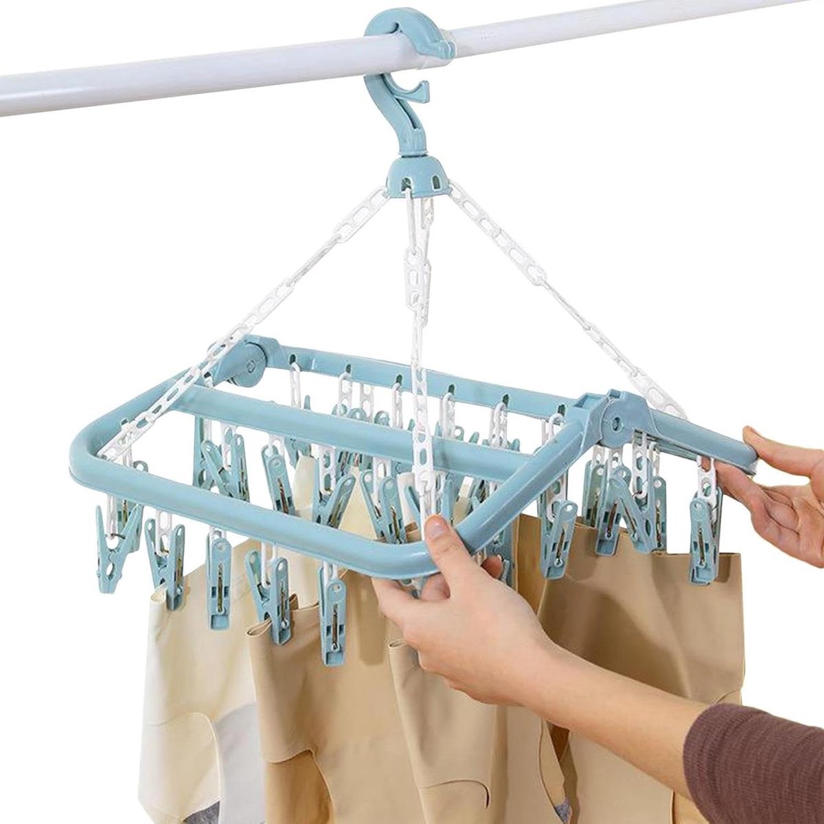 Kledinghanger met Clips - Ondergoed Droger - Kleine Was Drogen - 32 Clips Draaibaar - 32x32cm - Blauw