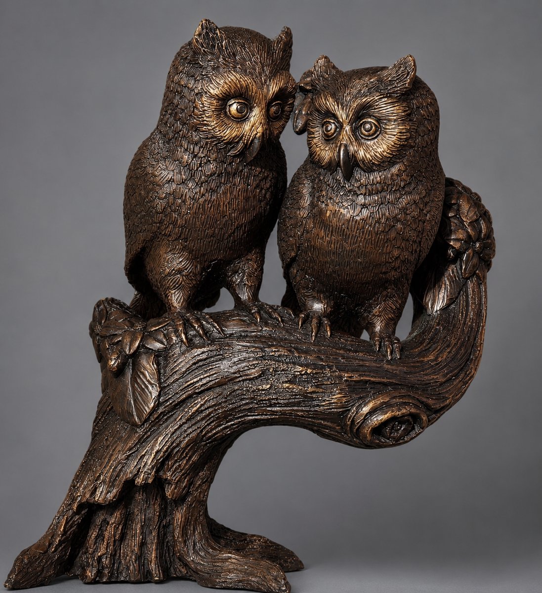 UILEN / BRONZEN BEELD / 2 UILEN OP TAK / VOGEL / DIERENBEELD