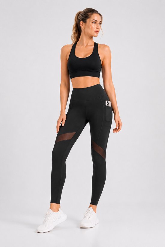 SparkNine Meshmotion sportlegging - dames - met zakken - XL - zwart - stijlvolle mesh panelen - telefoon zakken - elastisch - squatproof van Merkloos — afbeelding 5