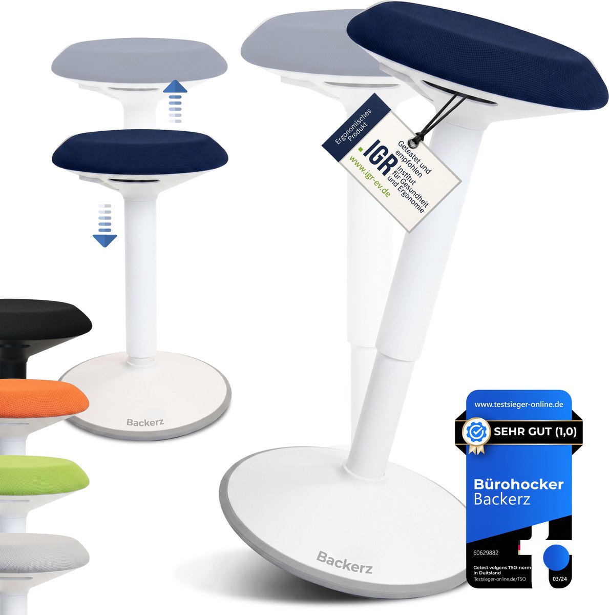 Backerz Wiebelkruk - Ergonomische Wiebel Stoel hoogte 55-80cm - Balanskruk - Zit Sta kruk - Zadelkruk Blauw