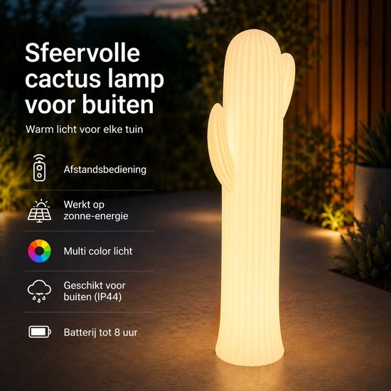 Grote witte cactuslamp met tekst 'Sfeervolle cactus lamp voor buiten'.