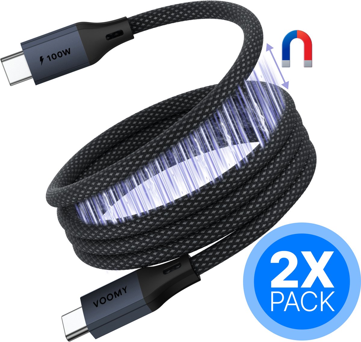 Voomy Magnetische USB C Kabel - 100W - 2 Stuks - 1 Meter - Rolt vanzelf op - USB-C naar USB-C oplaadkabel - Geschikt voor Telefoon, Tablet & Laptop - Space Grey