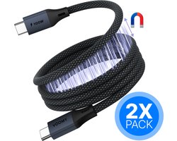 Voomy Magnetische USB C Kabel - 100W - 2 Stuks - 1 Meter - Rolt vanzelf op - USB-C naar USB-C oplaadkabel - Geschikt voor Telefoon, Tablet & Laptop - Space Grey