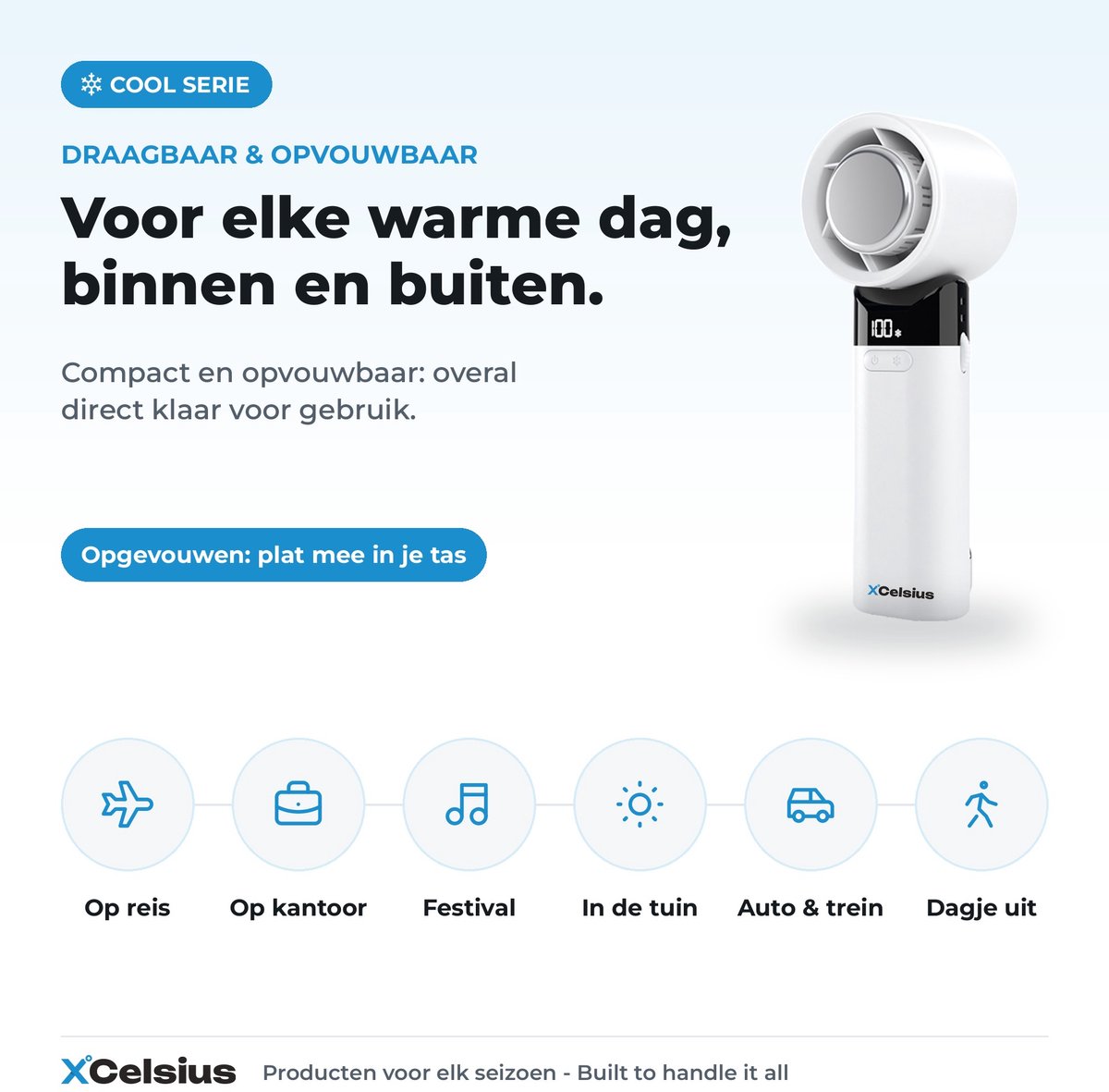 XCelsius® Handventilator - Draagbare Mini Ventilator Opvouwbaar - Oplaadbaar met USB-C - 0% tot 100% traploos instelbaar - Met Instant Koelplaat - Wit — afbeelding 6