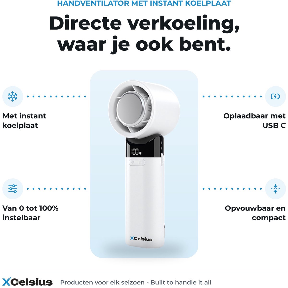 XCelsius® Handventilator - Draagbare Mini Ventilator Opvouwbaar - Oplaadbaar met USB-C - 0% tot 100% traploos instelbaar - Met Instant Koelplaat - Wit — afbeelding 8