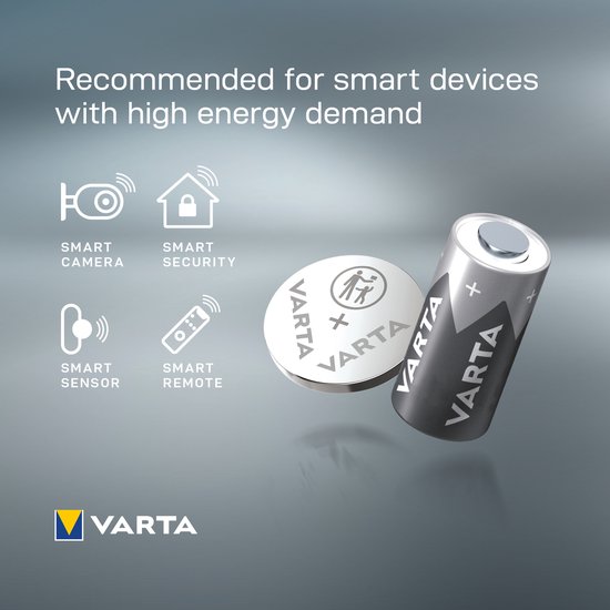 Varta batterij en knoopcelbatterij naast pictogrammen voor smart devices. Aanbevolen voor apparaten met hoge energievraag.