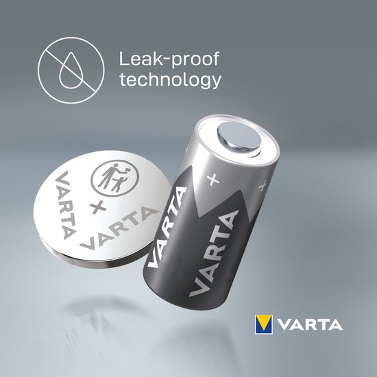 Varta batterij en knoopcelbatterij met 'Leak-proof technology' pictogram.