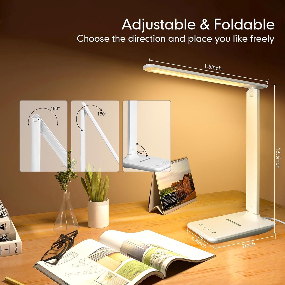 VHV Bureaulamp LED - Bureaulamp - Tafellamp - Daglichtlamp - LED leeslamp - Met USB-oplaadpoort - 5 lichtstanden - Touch-bureaulamp - opvouwbare spikelamp - voor studie, , kantoor, nachtkastje - Wit thumbnail 4