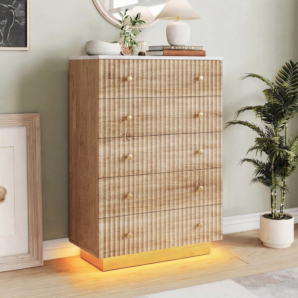 Houten ladekast met 5 lades, moderne ladekast met ledverlichting, voor woonkamer, slaapkamer of kantoor, 73x40x110cm (verzonden in 2 pakketten)
