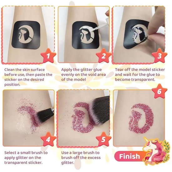 Stapsgewijze instructies voor het aanbrengen van een glittertattoo met een sjabloon, lijm en glitters, eindigend met een glinsterende roze eenhoorn.