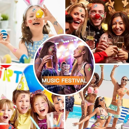 Collage van mensen die glittertattoos dragen op een muziekfestival, feestjes en Pasen, met afbeeldingen van glittertattoos op het gezicht en lichaam.