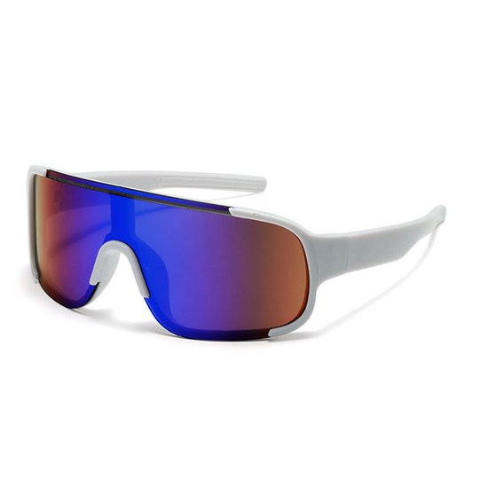 Lunettes de soleil de sport blanches avec verres miroirs multicolores et branches blanches, semi-cerclées.