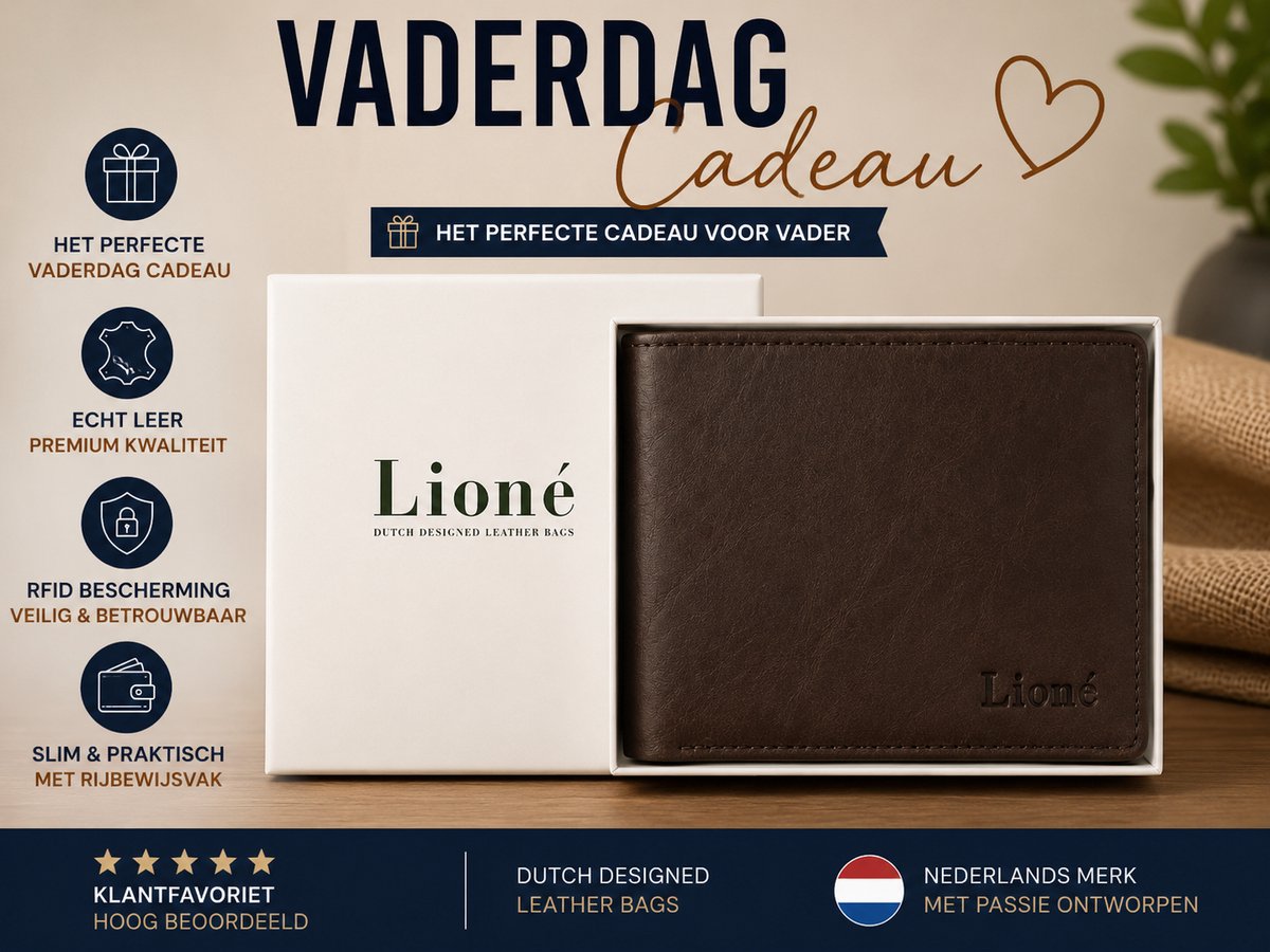 Leren Heren Portemonnee Donkerbruin - Vaderdag Cadeau voor Vader - RFID Bescherming - Billfold met Rijbewijsvak - Just Lioné Max