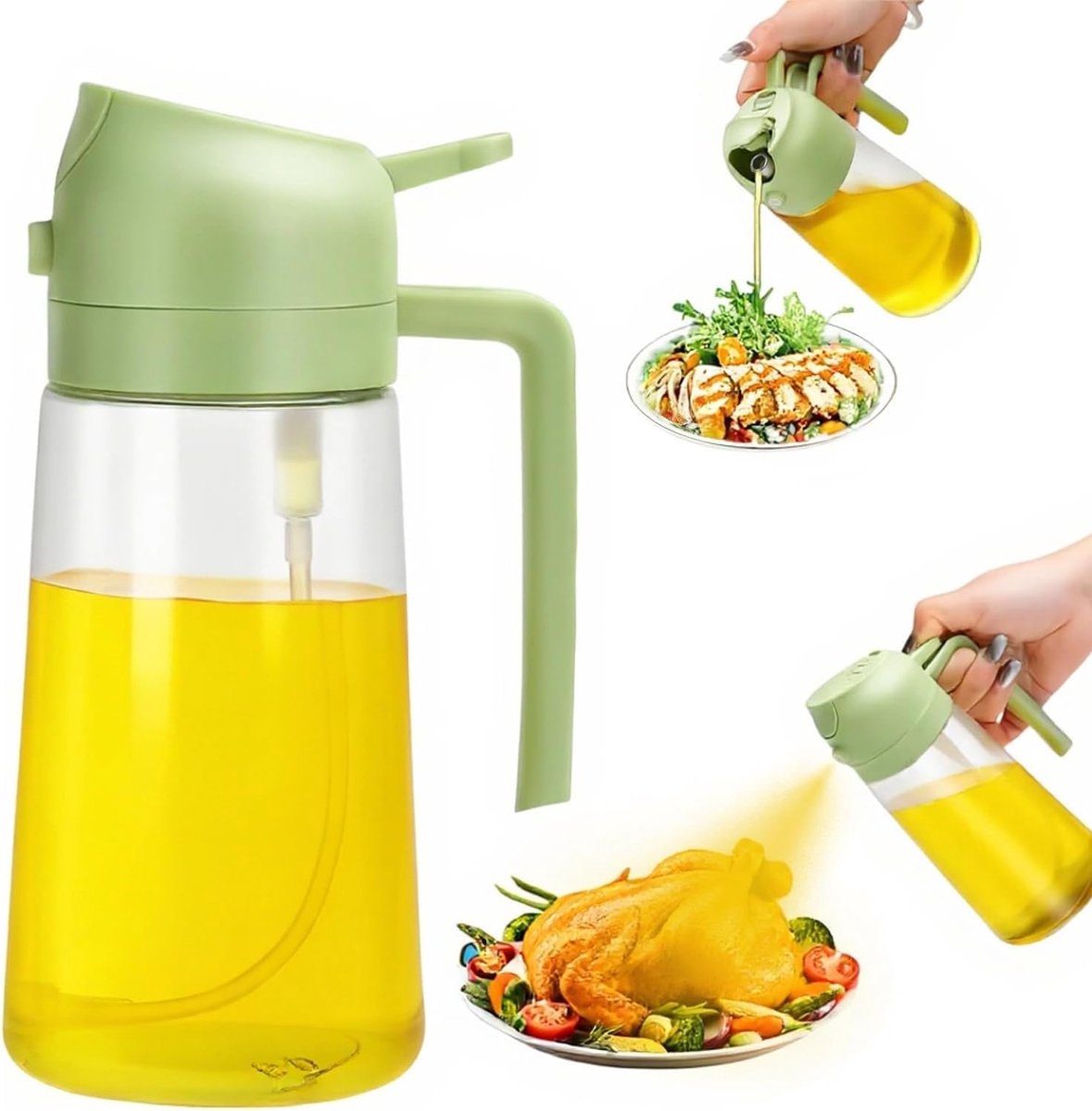 2-in-1 Olijfoliedispenser - olijfolie dispenser – olie sprayer - oliefles – 16 oz / 470 ml – Oliegieter – Voor in de keuken – Kunststof – Transparant Groen
