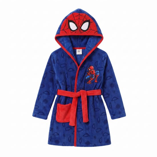 Blauwe badjas met capuchon, Spiderman print en rode bies.