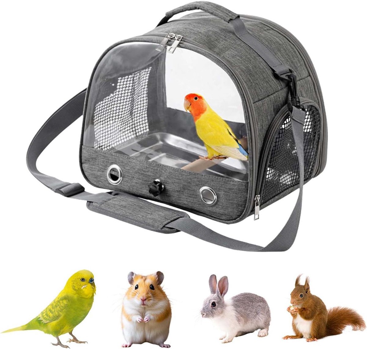 Vervoerstas Vogel - Transporttas - Huisdier - Zitstok - Schouderband - Opvouwbaar - Ritssluiting - Ventilatie - Grijs