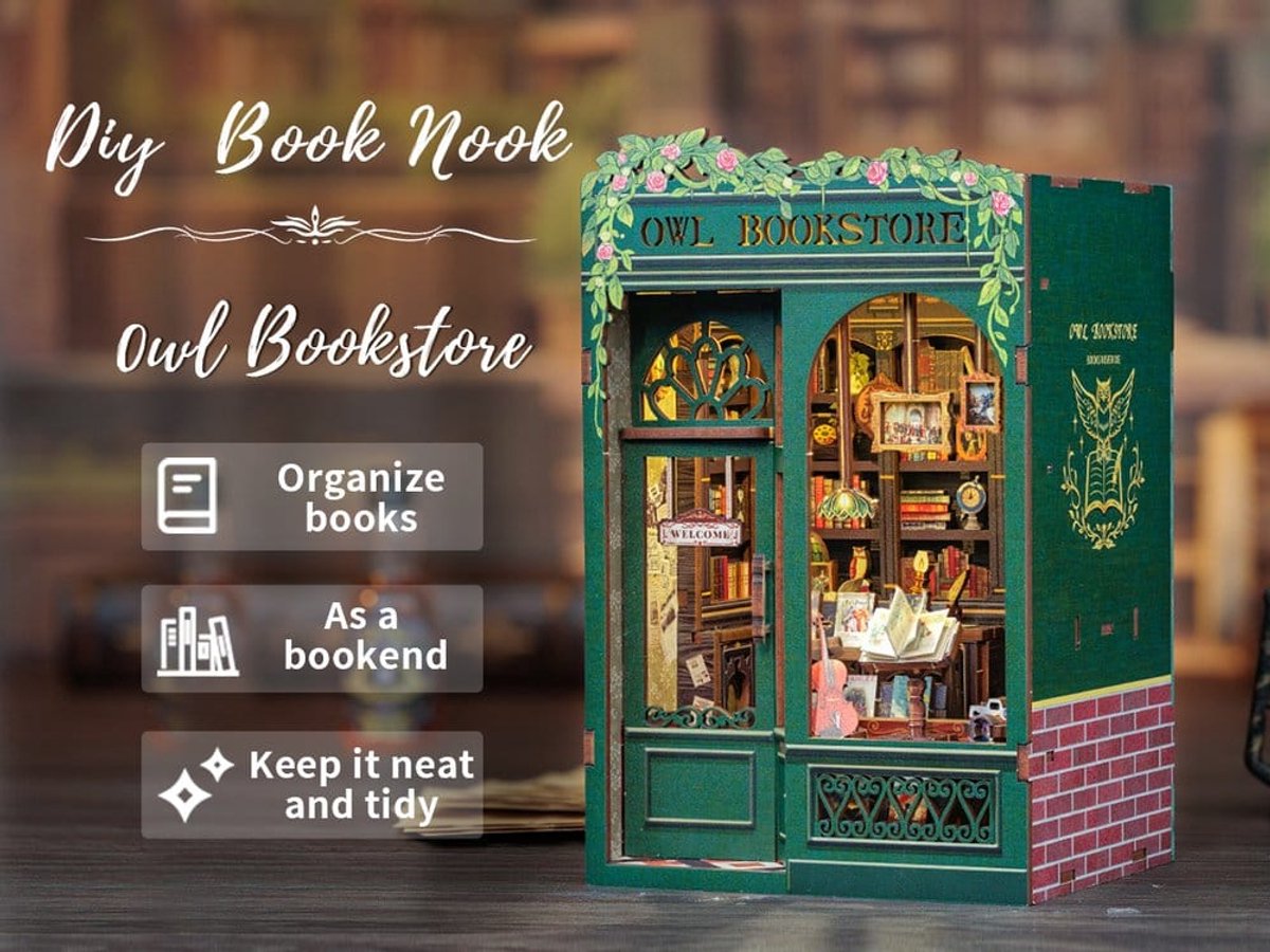 CuteBee Book Nook - Modelbouw - Houten 3D Puzzel - DIY Bouwpakket Volwassenen en Volwassenen - Boekensteun - Boekenhouder - Owl Bookstore — afbeelding 8