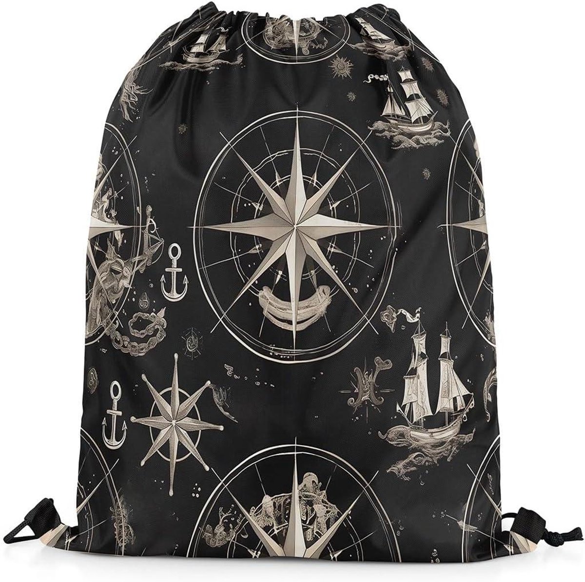 Opvouwbare Gym Sack - Sporttas Trekkoord - Sporten Reizen - Lichtgewicht Ontwerp - 39x46cm - Vintage Kompas