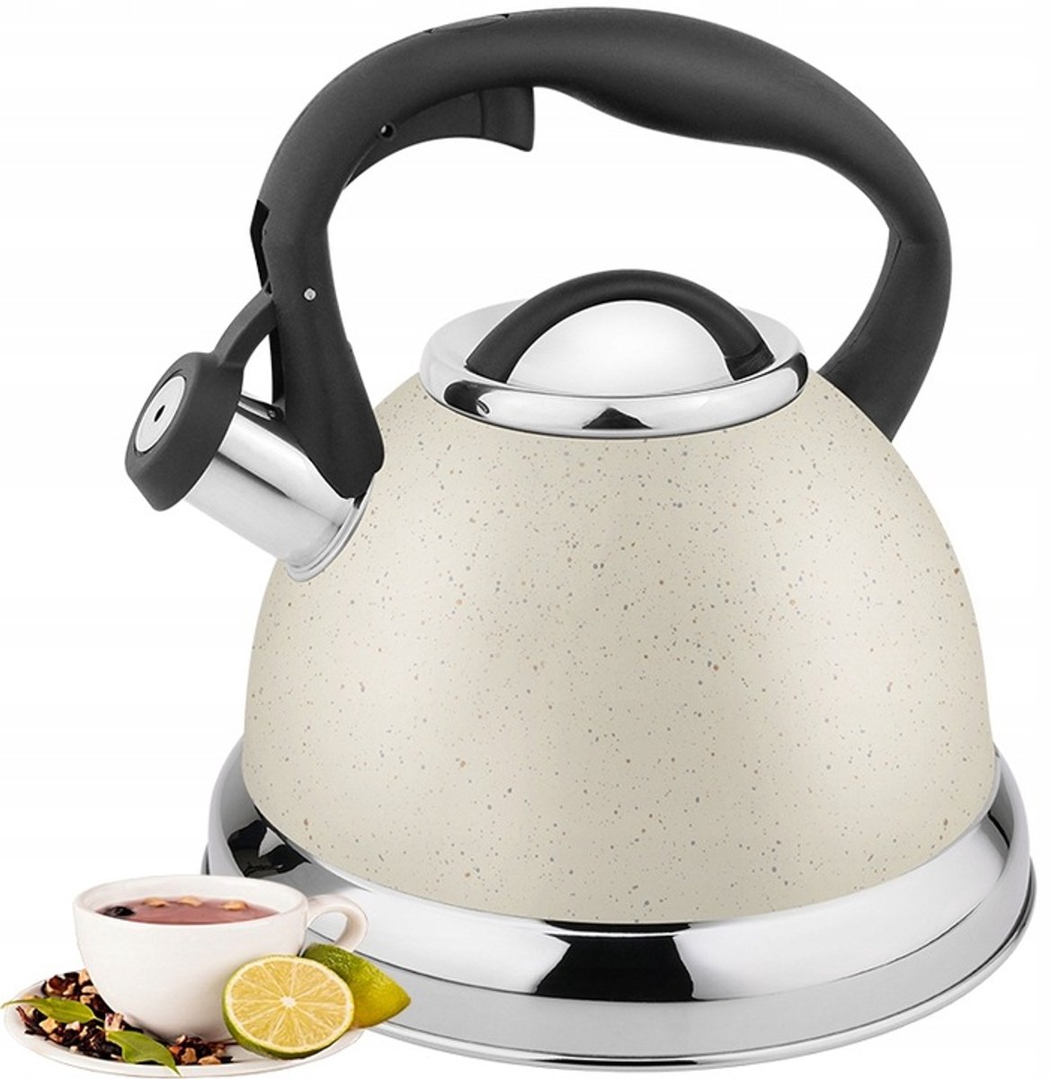 Stijlvolle RVS Waterkoker met Fluitje - 3,5L - Beige Marmer