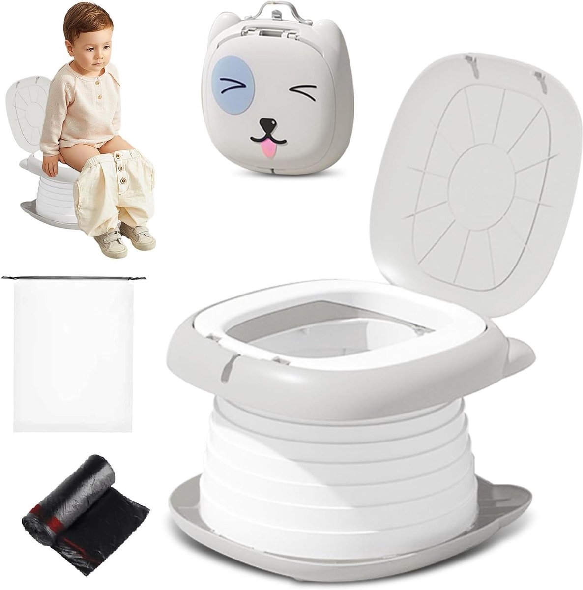 Draagbaar Toiletje - Reispotje Opvouwbaar - Zindelijkheidstraining Kind - Compact en Hygiënisch - 24 cm Lengte - Wit Grijs