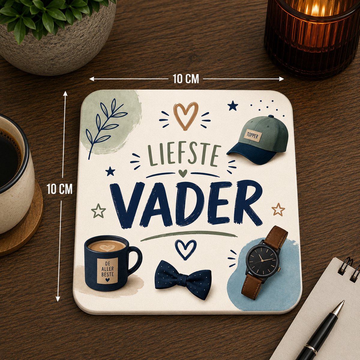 Liefste Vader Onderzetter 10x10 cm – Cadeau voor Papa – Keramische Onderzetter met Stijlvol Vader Design