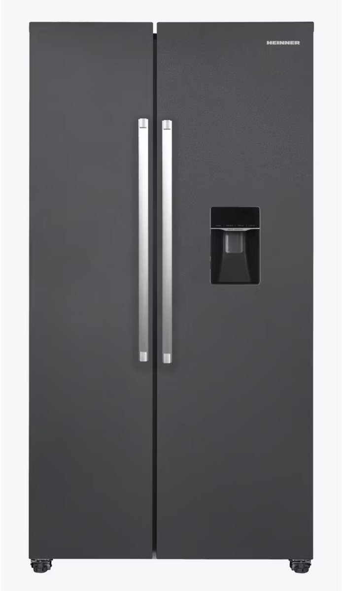 Heinner HSBS-HM439NFINVDGWDE++ American Side-by-Side Koelkast met Waterdispenser 439 L – Total No Frost – Holiday-functie – Super Freezing – Open-deur Alarm – Antracietgrijs – 5 Jaar Garantie